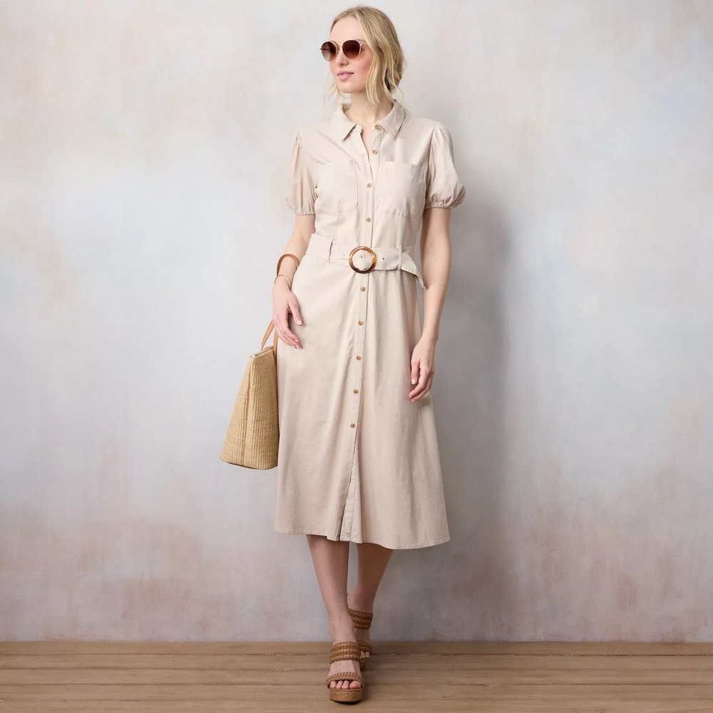 LAUREN CONRAD NWT $59.99 Linen Belted Button Down Puff Sleeve Midi Shirt Dress